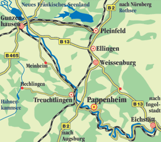 Landkarte mit der Stadt Pappenheim im Zentrum